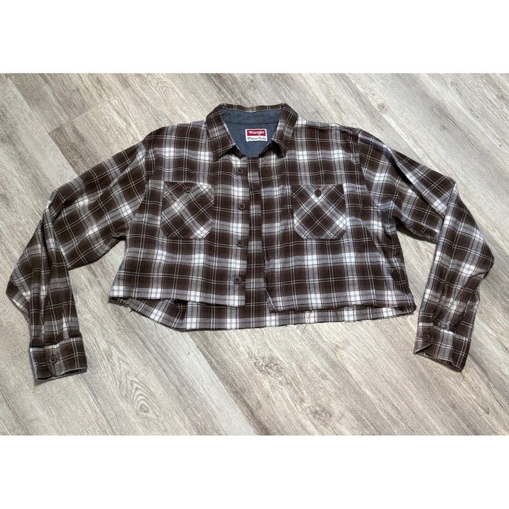 Wrangler Cropped Plaid Flannel Shirt Brown‎ White Long Sleeve Button Up Casual L